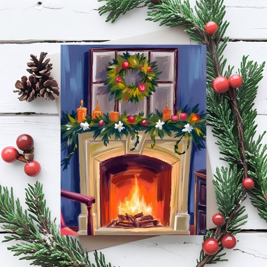 Festive Fireplace Christmas Wreath Watercolor シーズンカード
