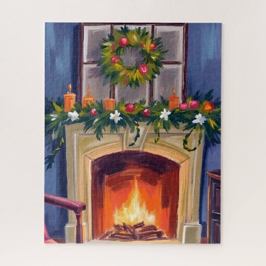 Festive Fireplace Christmas Wreath Watercolor ジグソーパズル (縦)