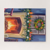 Festive Fireplace Christmas Wreath Watercolor ジグソーパズル (横)