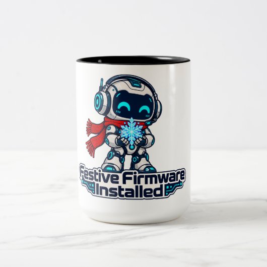Festive Firmware Installed Cute Winter Robot ツートーンマグカップ (中央)