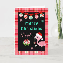 Festive Flamingo Merry Christmas with Name シーズンカード