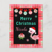 Festive Flamingo Merry Christmas with Name シーズンポストカード (正面)