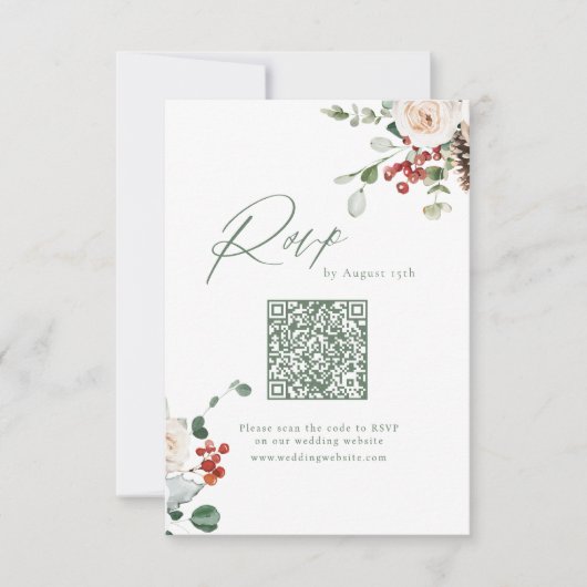 Festive Floral Holiday Winter Wedding QR code 出欠カード (正面)