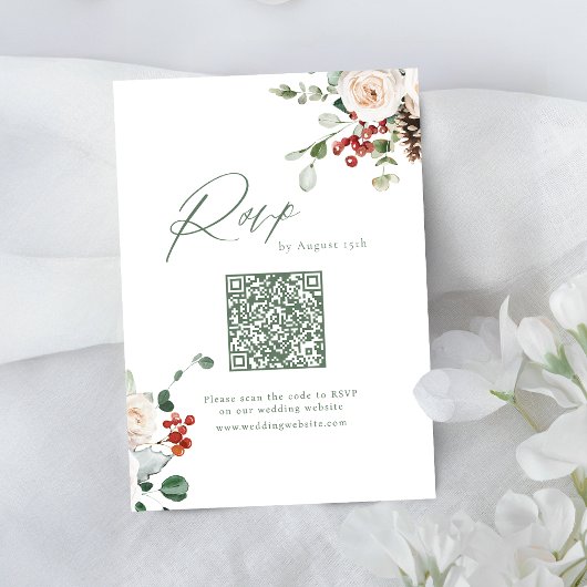 Festive Floral Holiday Winter Wedding QR code 出欠カード