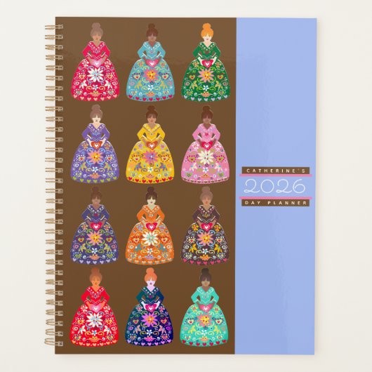 Festive Folk Art Ladies Agenda Coffee Brown 2026 プランナー手帳 (正面)