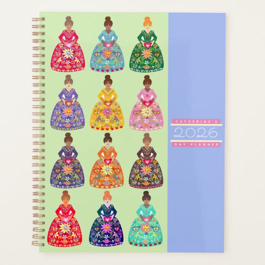Festive Folk Art Ladies Agenda Mint Green 2026 プランナー手帳 (正面)