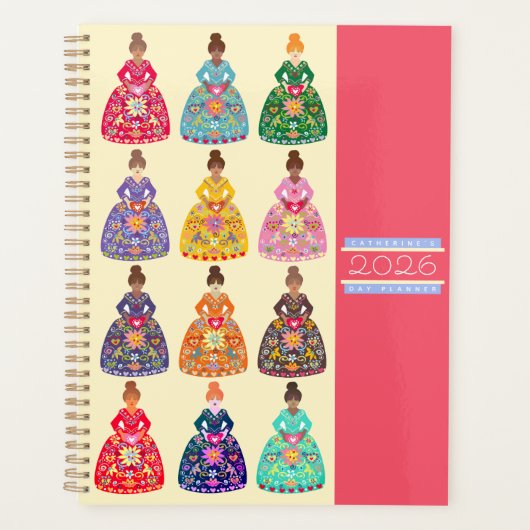 Festive Folk Art Ladies Daily Agenda Magenta 2026 プランナー手帳 (正面)