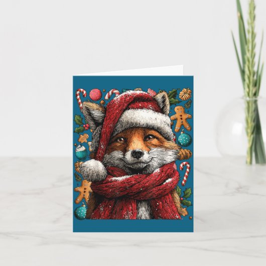 Festive Fox With Snow Santa Hat Winter Christmas A カード (正面)