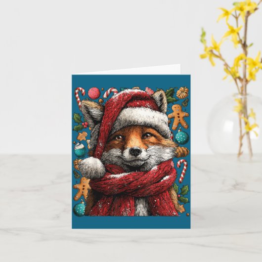 Festive Fox With Snow Santa Hat Winter Christmas A カード (黄色い花)
