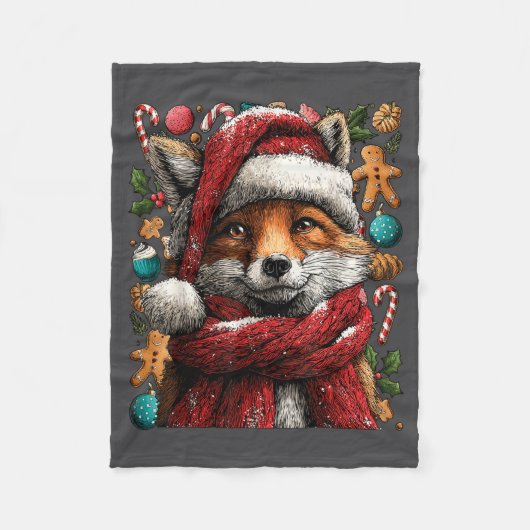 Festive Fox With Snow Santa Hat Winter Christmas A フリースブランケット (正面)