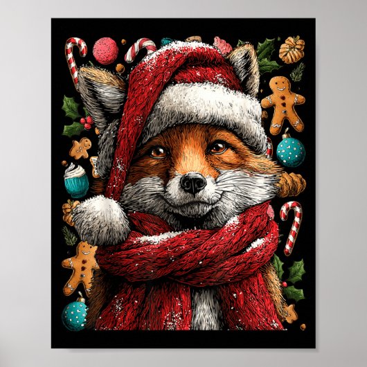 Festive Fox With Snow Santa Hat Winter Christmas A ポスター (正面)