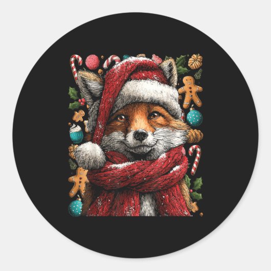 Festive Fox With Snow Santa Hat Winter Christmas A ラウンドシール (正面)