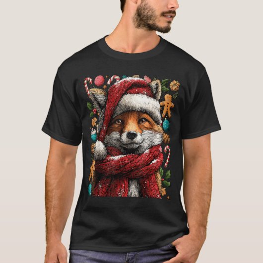 Festive Fox With Snow Santa Hat Winter Christmas A Tシャツ (正面)