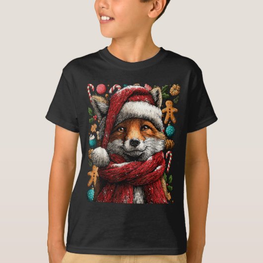 Festive Fox With Snow Santa Hat Winter Christmas A Tシャツ (正面)