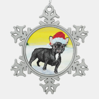 festive french bull dog スノーフレークピューターオーナメント