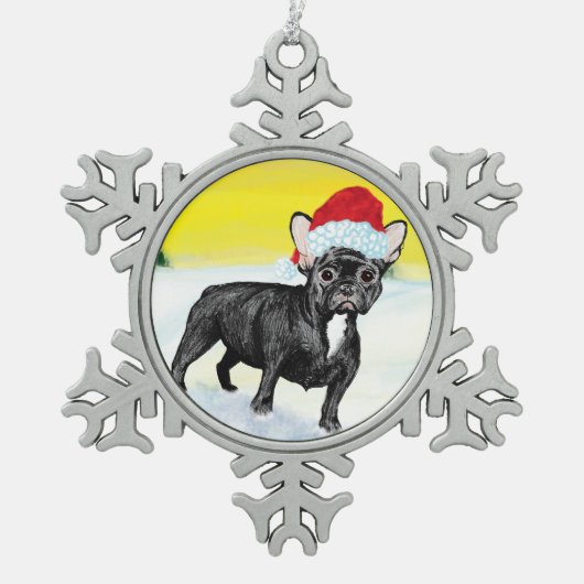 festive french bull dog スノーフレークピューターオーナメント (正面)