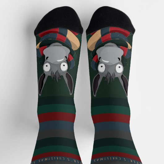 Festive Fun Winter Donkey Illustration Dark Green ソックス (上部)