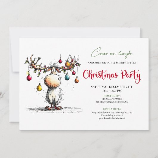 Festive funny reindeer Christmas party invite 招待状 (正面)
