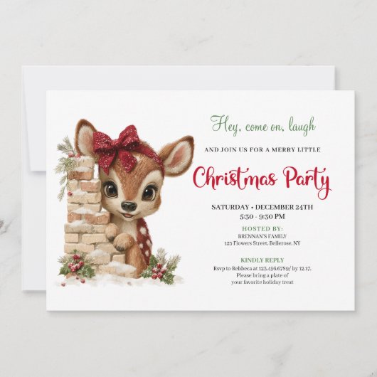 Festive funny reindeer holiday invite download 招待状 (正面)