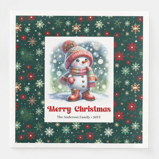 Festive funny snowman with snowflakes kids napkins (正面)