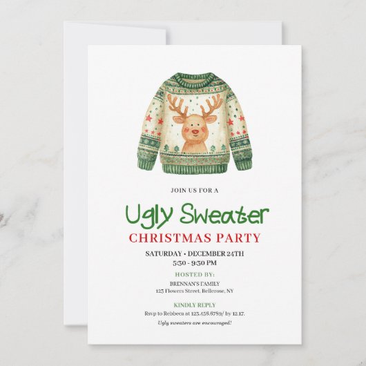 Festive Funny Ugly Sweater Holiday Party Card 招待状 (正面)