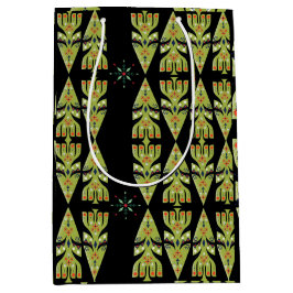 Festive Gift Wrap Green Black Pattern ミディアムペーパーバッグ