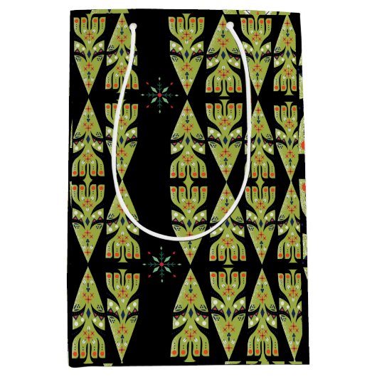 Festive Gift Wrap Green Black Pattern ミディアムペーパーバッグ (正面)