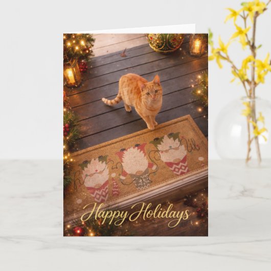 Festive Ginger Cat Holiday Greeting Card カード (黄色い花)