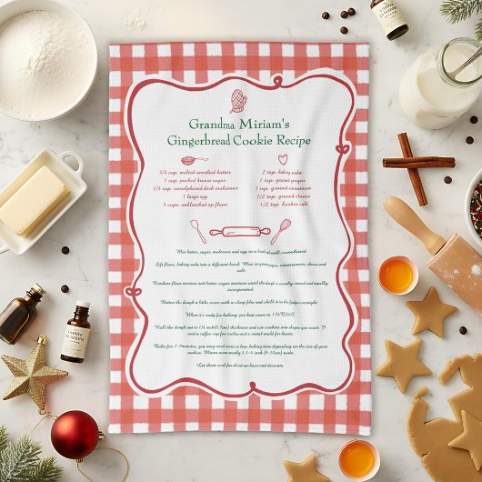Festive Gingham Hand Drawn Family Recipe Keepsake キッチンタオル