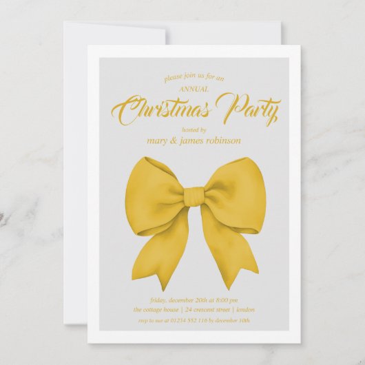 Festive Gold Bow Christmas Holiday Party  招待状 (正面)