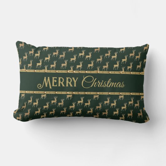 Festive Gold Deer Holiday Lumbar Accent Pillow ランバークッション (正面)