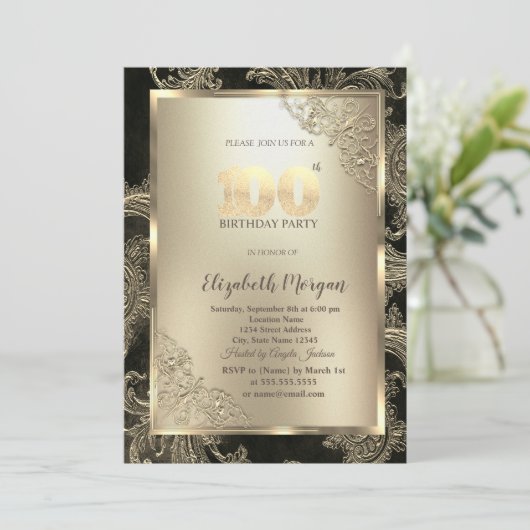 Festive Gold Frame,Floral Damask 100th Birthday 招待状 (スタンド正面)