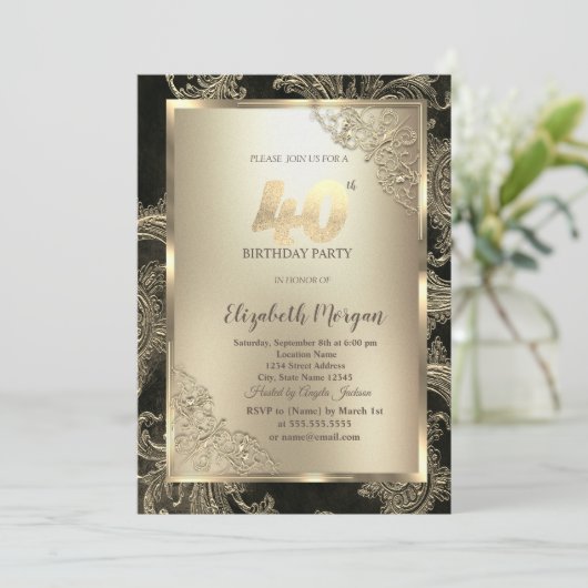Festive Gold Frame,Floral Damask 40th Birthday  招待状 (スタンド正面)