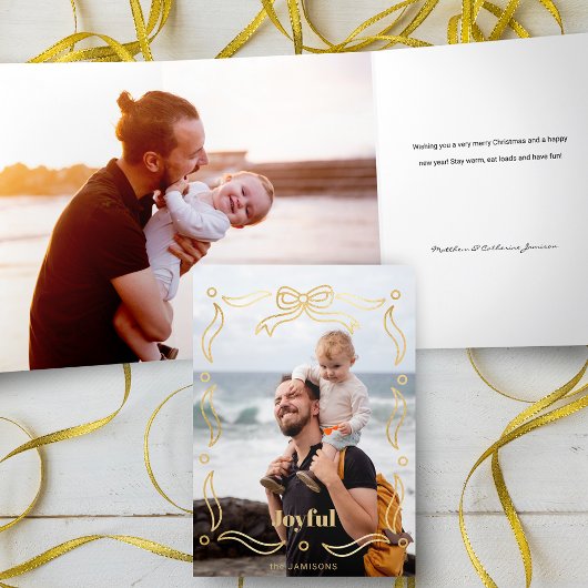 Festive Gold Line Drawn Ribbon Frame 1-Photo 三つ折りカード