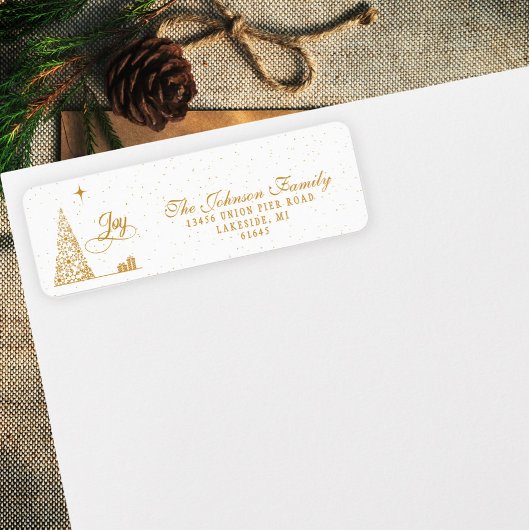 Festive Gold Script Christmas Tree Return Address ラベル