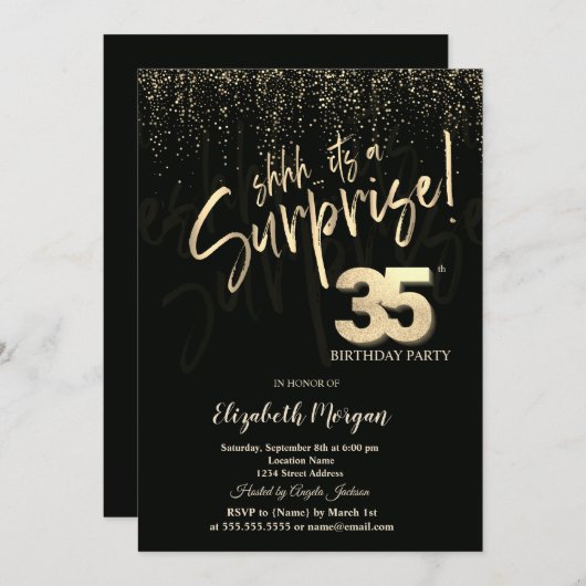 Festive Gold Surprise 35th Birthday Party 招待状 (正面/裏面)