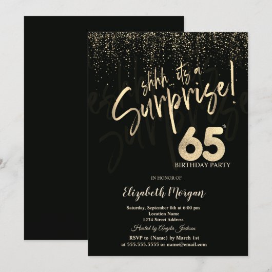 Festive Gold Surprise 65th Birthday Party 招待状 (正面/裏面)