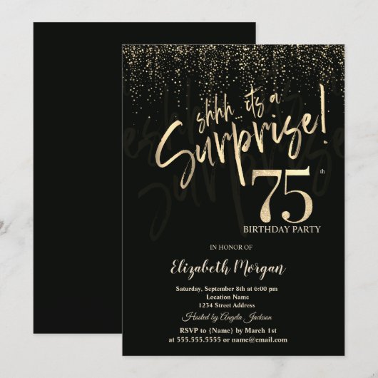 Festive Gold Surprise 75th Birthday Party 招待状 (正面/裏面)