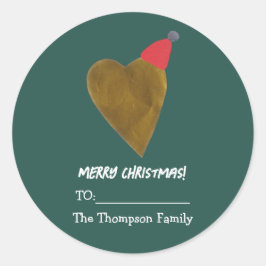 Festive Golden Heart with Christmas Hat Green Gift ラウンドシール