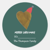 Festive Golden Heart with Christmas Hat Green Gift ラウンドシール (正面)