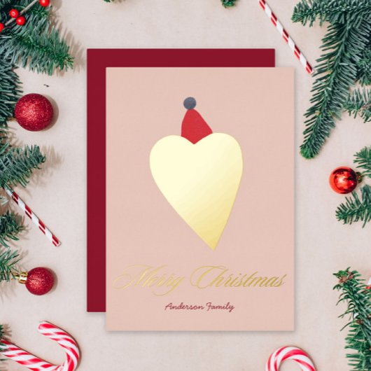 Festive Golden Heart with Christmas Hat Pink 箔シーズンカード