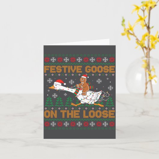 Festive Goose On The Loose Funny Gingerbread Ugly  カード (黄色い花)
