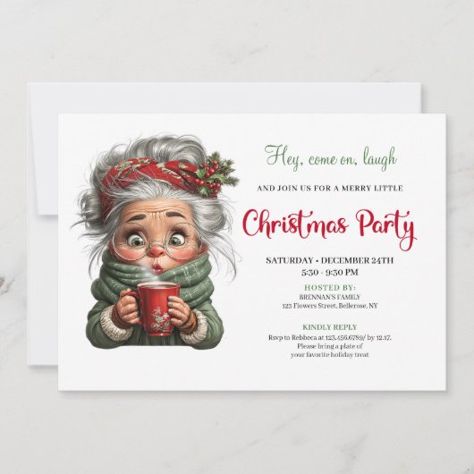 Festive Granny Cartoon Whimsical Xmas Invitation 招待状 (正面)