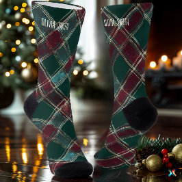 Festive Green and Burgundy Christmas Plaid Custom ソックス