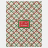 Festive green and red tartan monogram holiday フリースブランケット (正面)