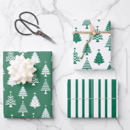 Festive Green and White Christmas Tree Pattern ラッピングペーパーシート
