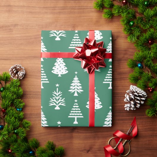 Festive Green and White Christmas Tree Pattern ラッピングペーパー (クリスマスギフト)