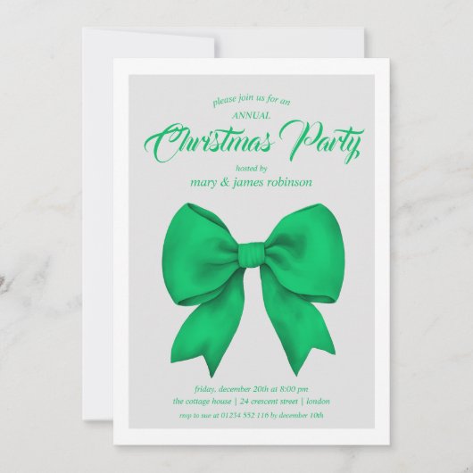 Festive Green Bow Christmas Holiday Party  招待状 (正面)