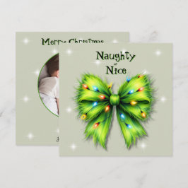  festive green bow light ナughty or Nice フォト シーズンカード