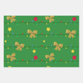 Festive Green Christmas Lights & Gold Bows ラッピングペーパーシート